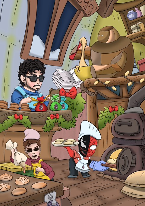 A colorful cartoon illustration depicts a bustling bakery scene with a dark-haired character with sunglasses reading a recipe book, while two smaller chef characters work in the foreground alongside a Spider-Man-themed baker.