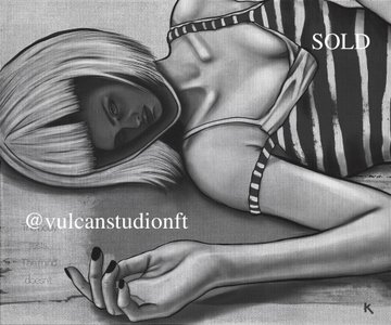 A black and white NFT artwork (@vulcanstudionft) showing a stylized woman with long hair lying down, marked with 'SOLD' in the upper right corner and signed 'K' in the lower right.