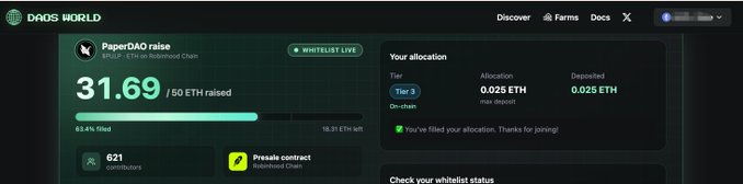 A screenshot from DAOS WORLD showing a PaperDAO raise at 31.69 / 50 ETH raised (63.4% filled), with a user allocation of 0.025 ETH on Tier 3.
