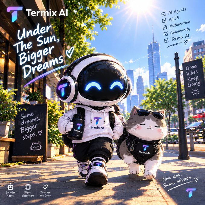 An advertisement for 'Termix AI' featuring a robot in a hoodie walking alongside a cat wearing sunglasses, with text reading 'Under The Sun, Bigger Dreams' and listing features like 'AI Agents', 'Web3', and 'Automation'.