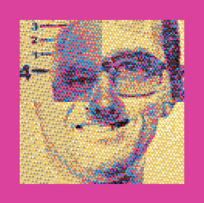 A vibrant, pixel-art style self-portrait of a person wearing sunglasses on a yellow-tan background with numbered markings on the left, framed by a magenta border.