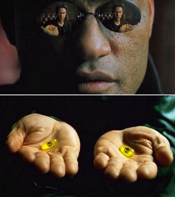 A scene from The Matrix featuring a close-up of Morpheus's face with Neo reflected in his sunglasses, paired with a shot of his open hands presenting two glowing yellow pills.