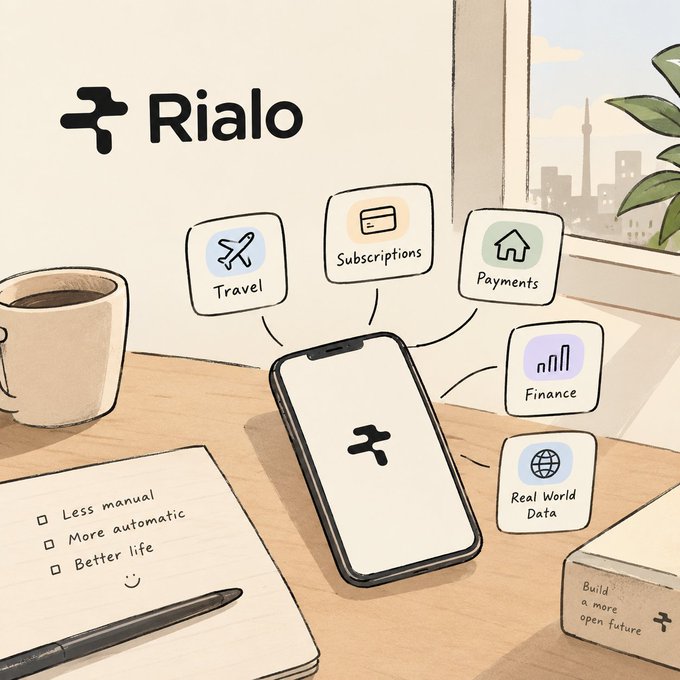 An advertisement for Rialo showing a smartphone with icons for Travel, Subscriptions, Payments, Finance, and Real World Data, alongside a checklist reading 'Less manual, More automatic, Better life'.