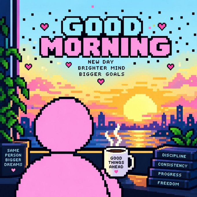 Pixel art illustration featuring a pink silhouette watching a sunrise with the text 'GOOD MORNING - NEW DAY, BRIGHTER MIND, BIGGER GOALS', alongside motivational phrases like 'SAME PERSON BIGGER DREAMS' and 'GOOD THINGS AHEAD' on a coffee mug.
