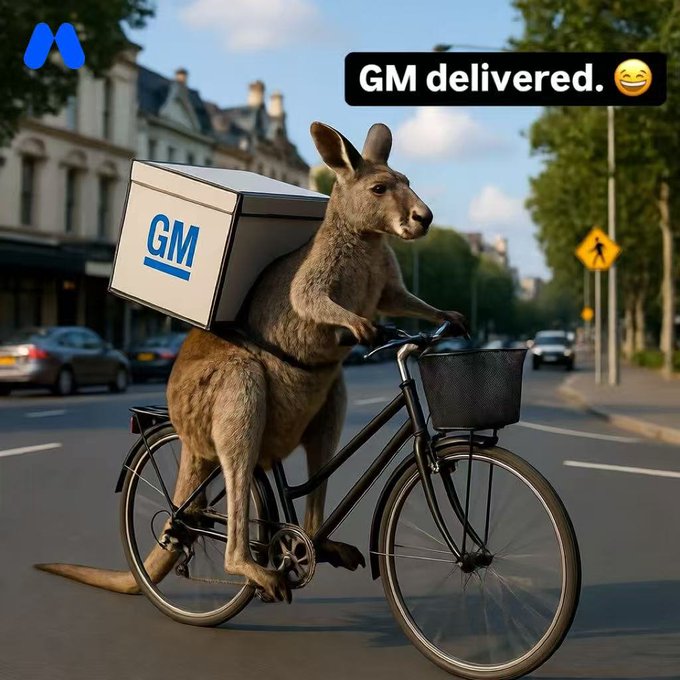 An AI-generated image of a kangaroo riding a bicycle with a 'GM' delivery box on its back, featuring the text 'GM delivered. 😆' and a blue 'M' logo.