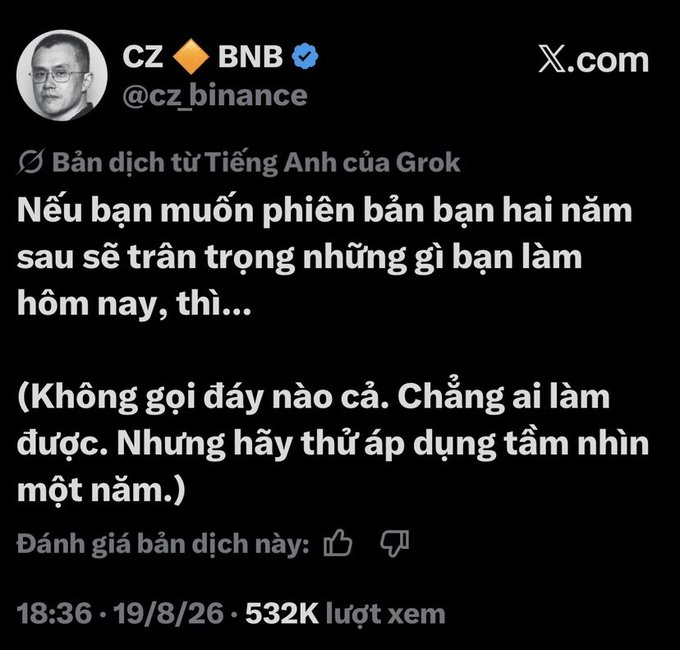 A translated X (formerly Twitter) post from CZ (Changpeng Zhao, @cz_binance) in Vietnamese, posted 19/8/26, advising readers to think one year ahead about their current actions, garnering 532K views.