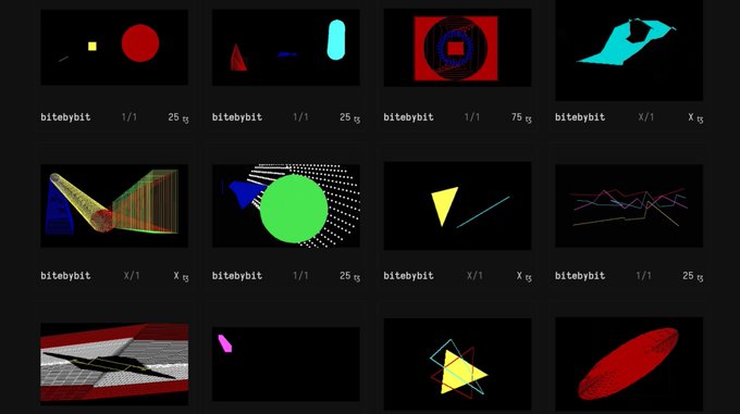 A gallery view of digital NFT artworks by 'bitebybit', featuring various abstract geometric pieces with colorful shapes on black backgrounds.