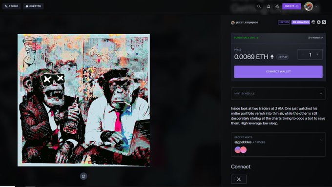 A screenshot of an NFT marketplace displaying an artwork titled 'PUBLIC SALE LIVE' featuring two monkeys in suits, priced at 0.0069 ETH.