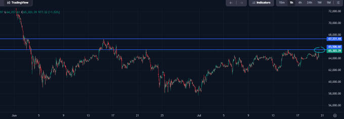 A TradingView candlestick chart showing BTC/USD price action around 65,202, hovering near resistance levels around 66,300-66,800.