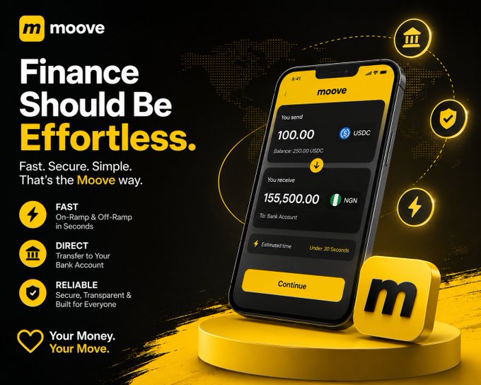 An advertisement for the Moove app with the tagline 'Finance Should Be Effortless. Fast. Secure. Simple. That's the Moove way,' showing a phone screen demonstrating a 100.00 USDC transfer converting to 155,500.00 NGN.