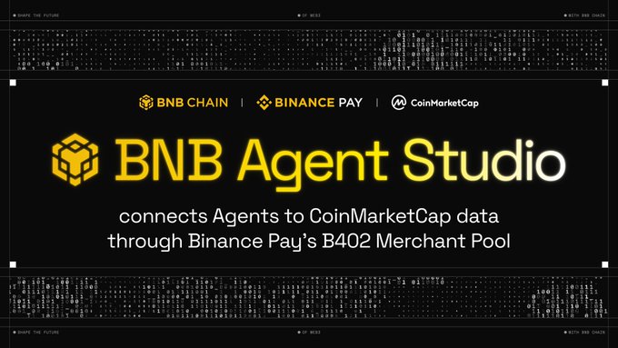A promotional graphic for "BNB Agent Studio" featuring the logos of BNB Chain, Binance Pay, and CoinMarketCap, with text explaining that the platform "connects Agents to CoinMarketCap data through Binance Pay's B402 Merchant Pool"—directly illustrating the post's announcement about agents accessing CMC data endpoints via the B402 merchant pool on BNB Chain.