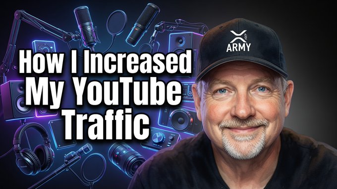 A man wearing a black "X APP ARMY" cap is featured next to the bold text "How I Increased My YouTube Traffic," set against a background of audio and video production equipment like microphones, cameras, and headphones. The image serves as a teaser thumbnail, aligning with the post's "GM! Stay tuned..." message to hint at upcoming YouTube growth advice.
