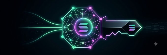 A neon green and pink digital illustration of a Solana key logo connected to a blockchain network, with code-like elements on a dark background.