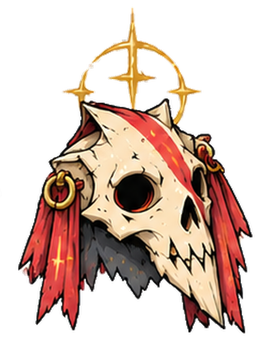 A stylized illustration of an animal skull adorned with a golden halo of stars and flowing red ribbons with cross markings. The skull represents an in-progress "relic" item, fitting the post's announcement about crafting relics in the Wasteland setting.
