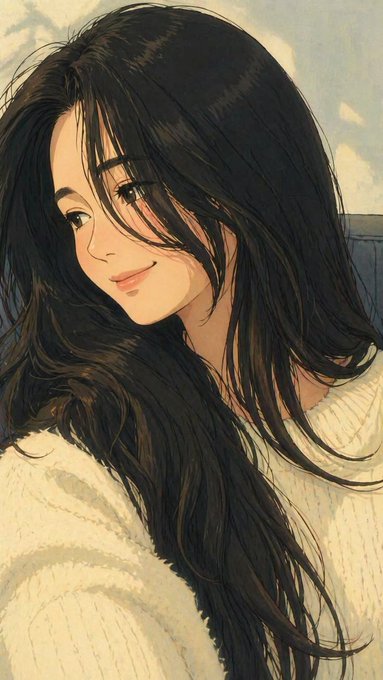 An anime-style illustration of a smiling young woman with long, flowing dark hair wearing a cream-colored sweater, set against a soft sky background.
