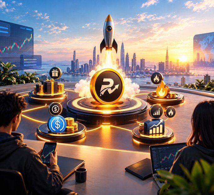 A stylized financial and tech launch scene shows a rocket above a glowing platform with a central arrow-logo coin, surrounded by symbols for gifts, money, flames, charts, and growth while two people use tablets in the foreground.