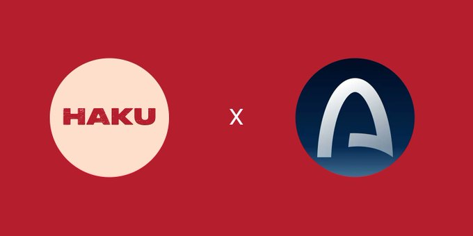 A promotional graphic on a dark red background showing a collaboration between "HAKU" (in a cream circle) and another logo featuring a stylized "A" symbol (in a dark blue circle).