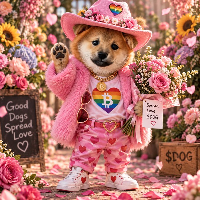 An AI-generated image of a Shiba Inu dog dressed in a pink cowboy hat and fluffy pink coat with a Bitcoin-themed heart, holding a bouquet of flowers and a sign reading 'Spread Love $DOG', surrounded by flowers with a chalkboard reading 'Good Dogs Spread Love' and a crate marked '$DOG'.