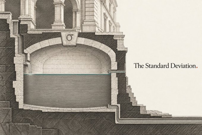 A vintage-style architectural illustration of a domed structure partially filled with water, with the text 'The Standard Deviation.' printed on the right side.