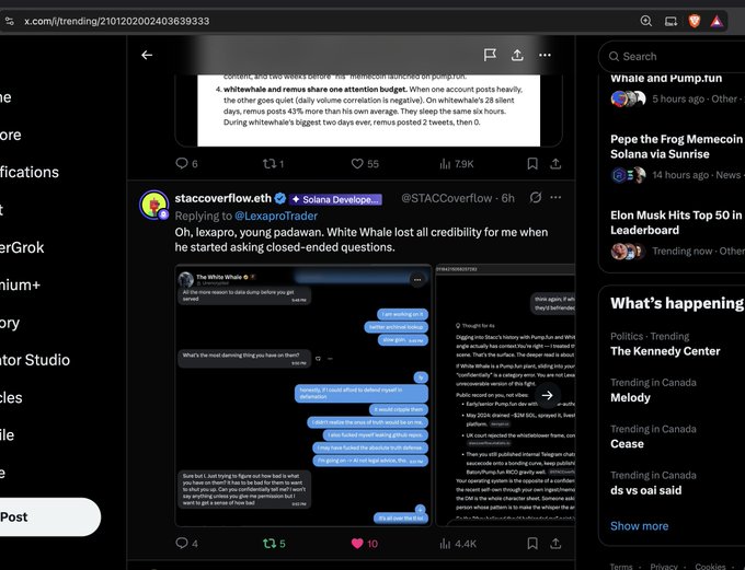 A Twitter/X screenshot of a thread from @STACcoverflow discussing crypto developer 'lexapro' and 'White Whale', mentioning 'padawan' and references to crypto trading.