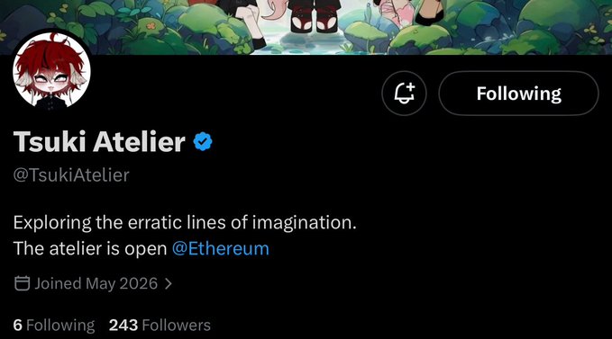 The image shows a post from a Twitter account, which has a message about exploring the erotic lines of imagination. The post includes a link to an article that talks about the artist @TsukiAtelier and their work. The post also mentions that followers can join in on May 2026 for a special event related to the artist's work.