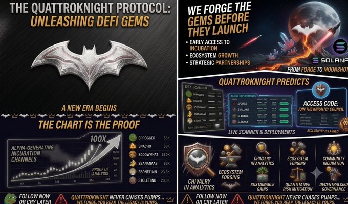 A promotional graphic for 'THE QUATTROKNIGHT PROTOCOL' promoting a DeFi/GEMS presale with slogans like 'UNLEASHING DEFI GEMS' and 'WE FORGE THE GEMS BEFORE THEY LAUNCH,' featuring token listings (SPROGGER, SNACHO, SCOONWHAT, SBANANAS, SBRUNETRUN, STOLETINU) and claims of 100x returns.