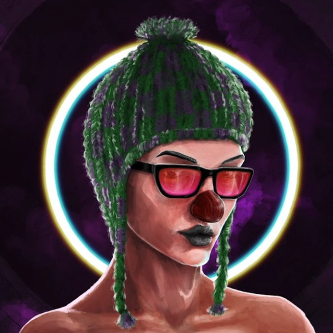 A digital portrait of a stylized female character with green and purple braided hair, red-tinted sunglasses, and a red clown nose, set against a dark purple background with a glowing yellow halo circle.
