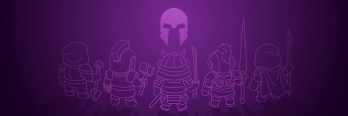 A purple-toned minimalist illustration depicting five cartoon warrior/spartan characters lined up with a large Spartan helmet silhouette behind them.
