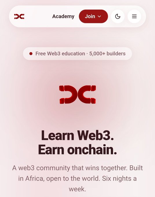 Promotional graphic for a Web3 education platform featuring a red 'DC' logo with text reading 'Learn Web3. Earn onchain.' alongside 'Free Web3 education · 5,000+ builders'.