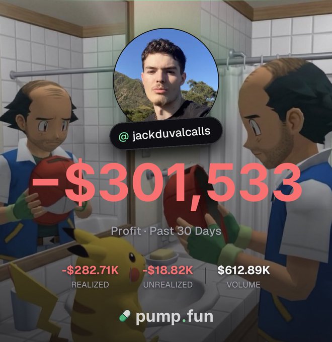 The image features a Pokemon bathroom meme background with a profile pic of @jackduvalcalls, displaying a Pump.fun profit screen showing -$301,533 over the past 30 days, broken down into -$282.71K realized losses, -$18.82K unrealized losses, and $612.89K in volume. The caption "Side wallets up at least 600-700k though" suggests that despite the reported $301K loss, additional trading volume across hidden wallets likely generated offsetting gains.