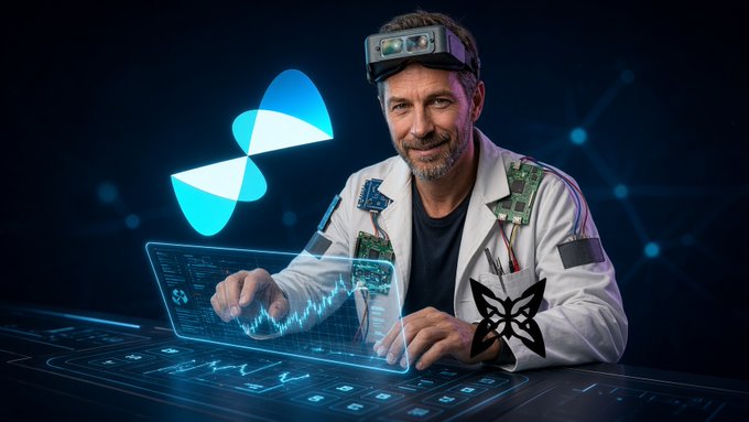 A digitally manipulated image of a man wearing a headset and lab coat, interacting with a glowing futuristic holographic interface alongside a blue butterfly-like digital graphic.