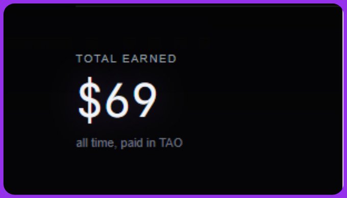 A dashboard screenshot displays "TOTAL EARNED $69 all time, paid in TAO" against a dark background, illustrating the modest weekly earnings from a TAO-based rewards platform highlighted in the post.