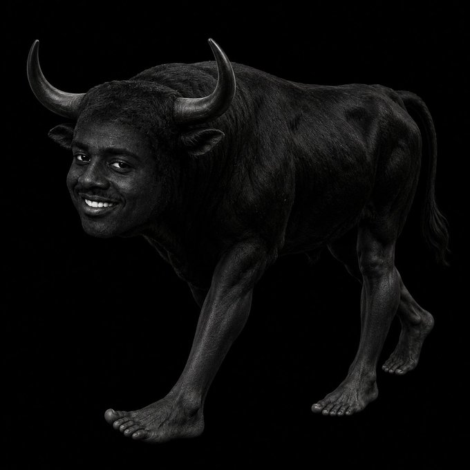 A surreal black-and-white digital image of a bull with the smiling face of a Black man superimposed onto its head, set against a dark background.