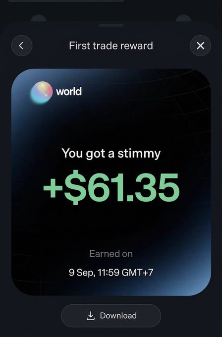 A mobile notification from Worldcoin's "world" app displays a "First trade reward" of +$61.35, confirming the user's stimmy earnings on September 9 at 11:59 GMT+7, which supports the post's claim that new users can receive free rewards ranging from dozens to hundreds of dollars after their initial transaction.