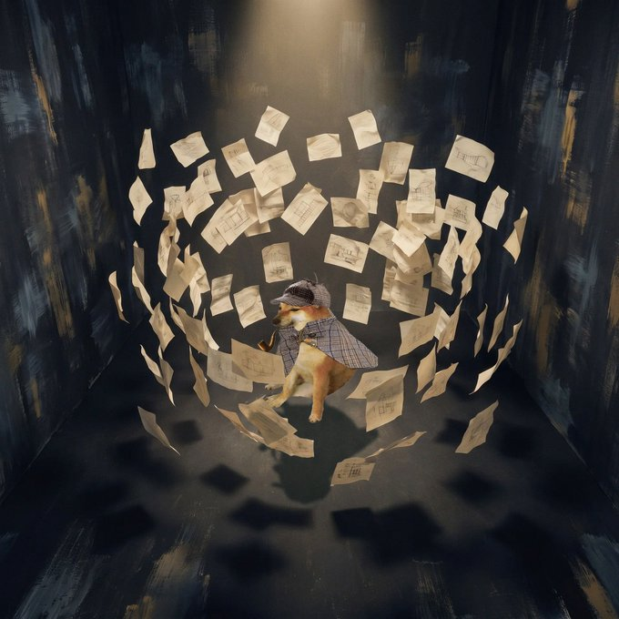 A surreal artwork depicting a small Shiba Inu dog wearing a detective hat and plaid coat, standing amid a swirling vortex of floating papers with documents scattered around in a dark room.