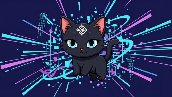 A cartoon illustration of a dark gray cat with a geometric symbol on its forehead, set against a vibrant purple and cyan digital/cyberpunk background with binary code.