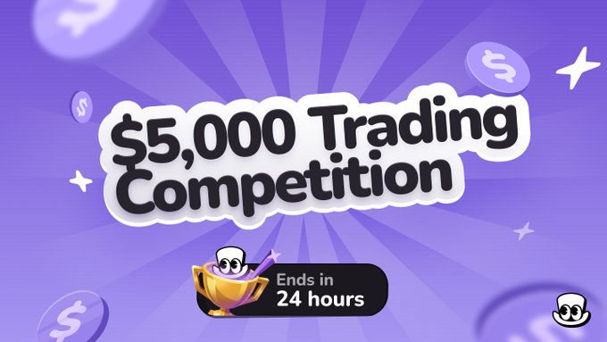 A purple promotional banner for a '$5,000 Trading Competition' with a trophy icon and a countdown timer reading 'Ends in 24 hours'.