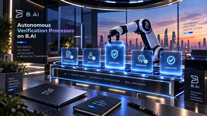 A futuristic promotional image for "B.AI" titled "Autonomous Verification Processes on B.AI," depicting a robotic arm alongside glowing icons for "TRANSACTION," "IDENTITY," "VERIFYING," "OPERATION," and "COMPLETED," with text highlighting automation and AI-blockchain integration.