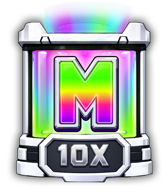 A glowing sci-fi capsule displays the letters "M" and "M" with a "10X" multiplier banner, hinting that the next symbol in the sequence will spell a 3-letter word beginning with "MM" in Vex's Lab.