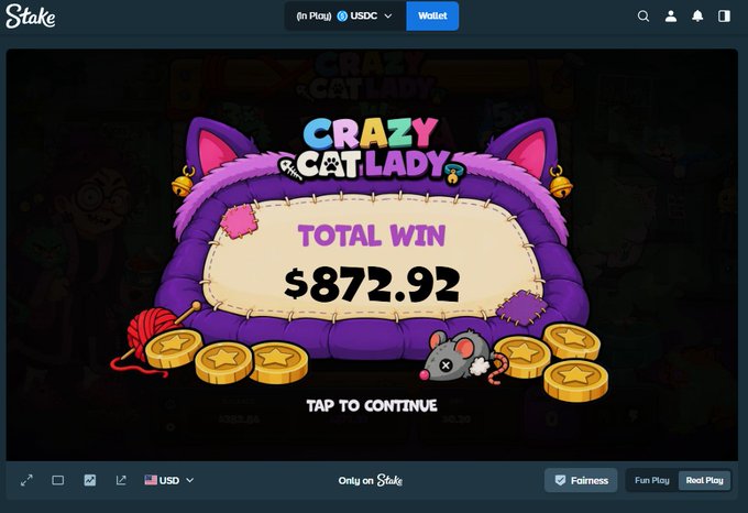 A screenshot from Stake.com showing the 'Crazy Cat Lady' slot game with a 'TOTAL WIN' of $872.92 displayed on a purple cat-themed banner surrounded by yarn balls, gold coins, and a ball of yarn.