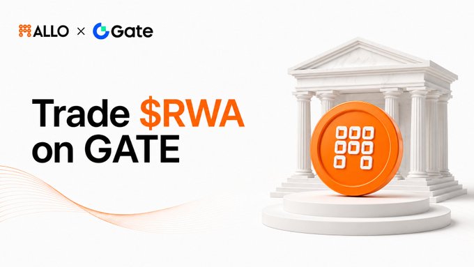 Promotional banner for ALLO x Gate cryptocurrency platform with text 'Trade $RWA on GATE' alongside a classical Greek-style temple and an orange ALLO coin emblem.