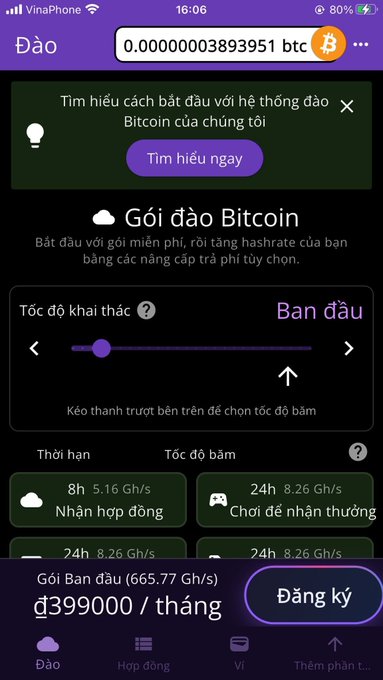 This screenshot shows a Bitcoin mining app, highlighting a "Gói Ban đầu" (starter package) that costs ₫399,000 per month for 665.77 Gh/s hashrate, illustrating a new way to mine BTC that the poster finds perplexing. It displays current BTC balance, hashrate options, and package details, which aligns with the user's reaction to a novel mining method requiring a monthly fee.