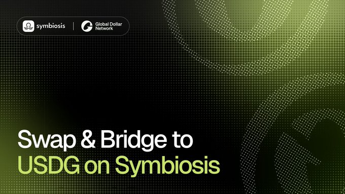 A green promotional graphic featuring the Symbiosis and Global Dollar Network logos, with the text "Swap & Bridge to USDG on Symbiosis" — highlighting the partnership that allows users to swap and bridge from any chain to access Paxos's regulated USDG stablecoin now available on Arbitrum.