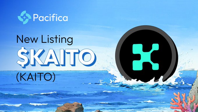 The image is a promotional graphic announcing the new listing of $KAITO on Pacifica, featuring the Pacifica logo, the ticker "$KAITO (KAITO)" alongside the token's teal "X" logo, all set against an ocean waves background.