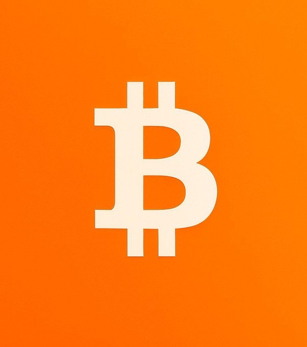 The Bitcoin (BTC) logo in cream/beige color on a solid orange background.