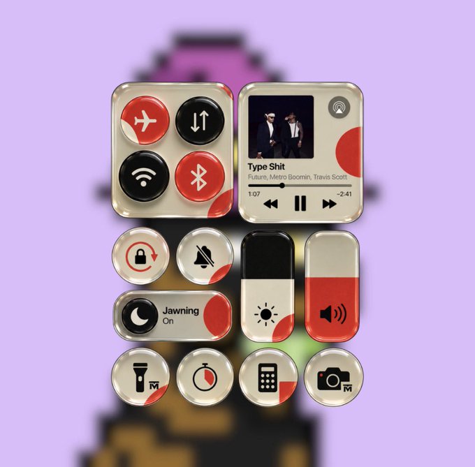 A smartphone control center interface displayed with various buttons including airplane mode, wifi, Bluetooth, brightness, volume, flashlight, timer, calculator, and camera, currently playing the song 'Type Shit'.