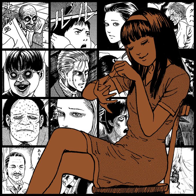 A manga-style illustration features a brown-tinted female character in the foreground, surrounded by black and white panels depicting various other characters with different expressions.