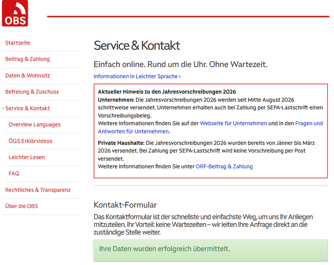 A German-language webpage from OBS showing 'Service & Kontakt' with information about 2026 annual premium notices (Jahresvorschreibungen 2026) for businesses and private households.