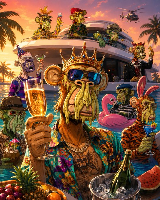 The image features a group of monkeys dressed up, with some wearing crowns and others holding drinks like wine glasses or champagne flutes. The setting appears to be an indoor party or gathering, as there are people present along with various items such as fruit, bottles, and a boat in the background. The post includes text that reads "No next #BTC No next #BAYC".