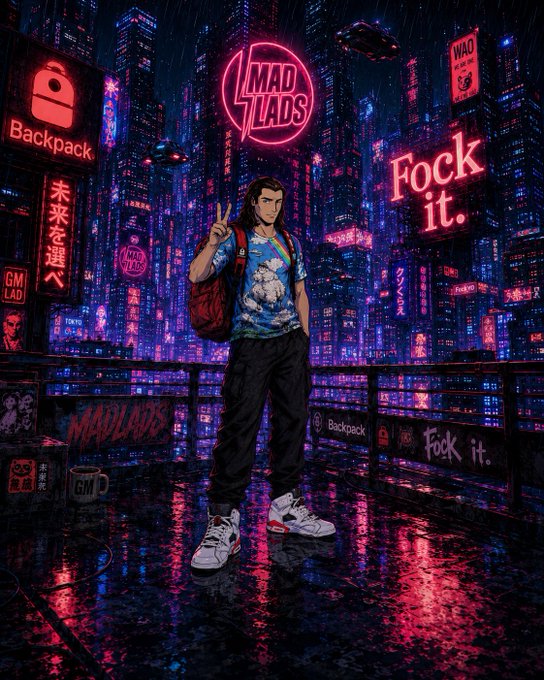 A young man in a cloud-patterned shirt and backpack strikes a peace sign in a vibrant cyberpunk cityscape illuminated by neon signs reading "MAD LADS," "Backpack," and "Fock it." The gritty, rain-soaked urban setting reinforces the post's theme of ruthless execution, with the MadLads and Backpack branding prominently displayed throughout the scene.